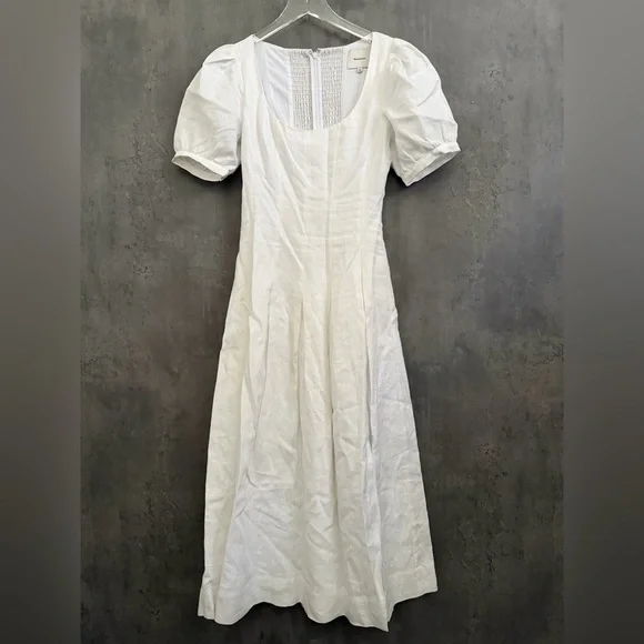 NEW Reformation Coucou Midi Linen Dress Puff Sleeves Whitesize 4 B3295